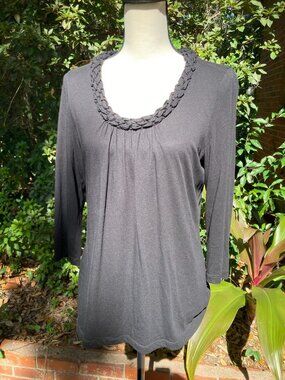 Talbots Black 3/4 Length Sleeve Blouse - Woven Neckline, Size Large